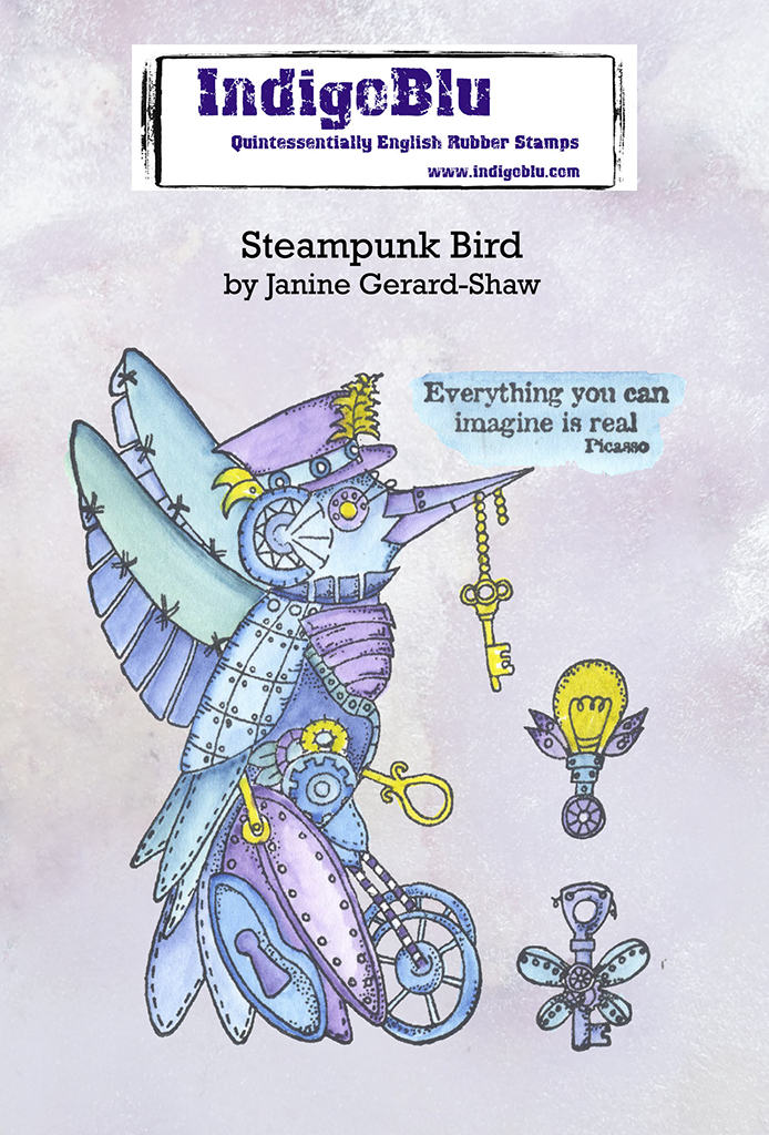 Steampunk Bird A6 Red Rubber Stamp by Janine Gerard-Shaw